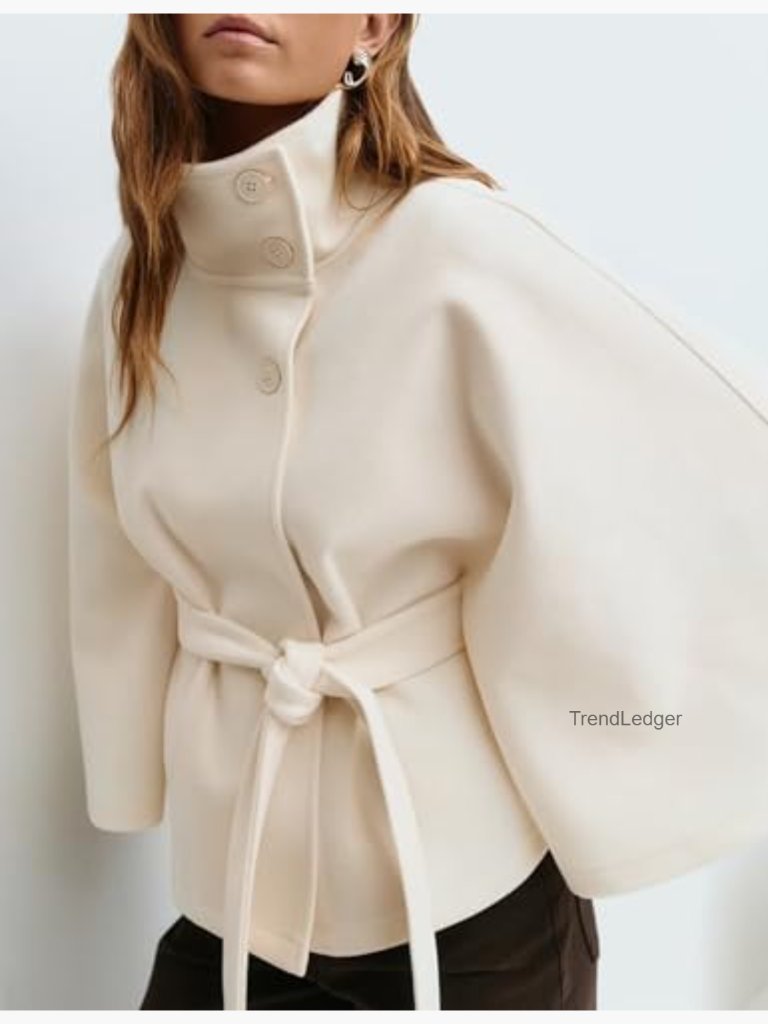 Vintage Batwing Cape Coat Oversized Wool Pea Jacket Belted Stand Collar Cropped — image 2 of 7